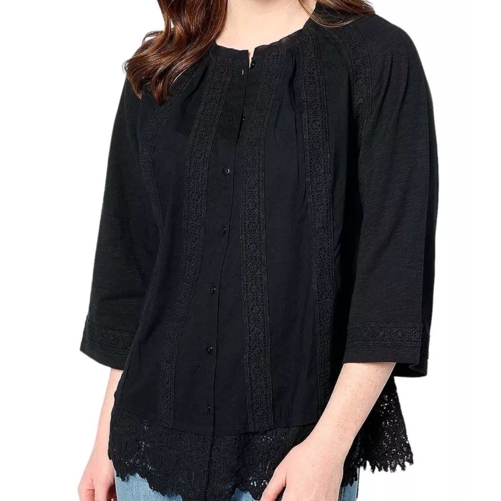 Logo Lavish 2X top Button Front Black Crochet Lace‎ Trim